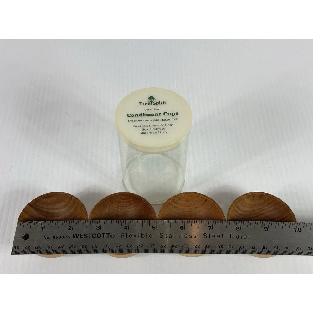 Vintage Tree Spirit Set 4 Small Wooden Condiment Cups Sauce Herds & Spices USA